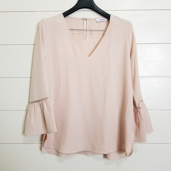 Calvin Klein Tops - Calvin Klein Blush Pink Bell Sleeve V Neck Blouse